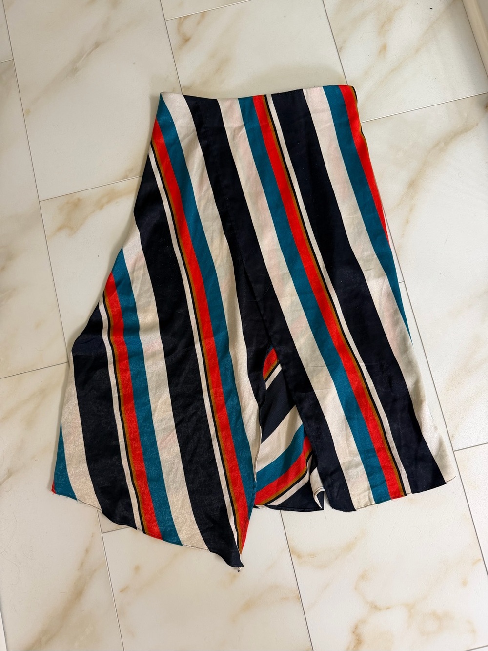 Zara Striped Asymmetrical Midi Skirt in Navy, Teal & Red